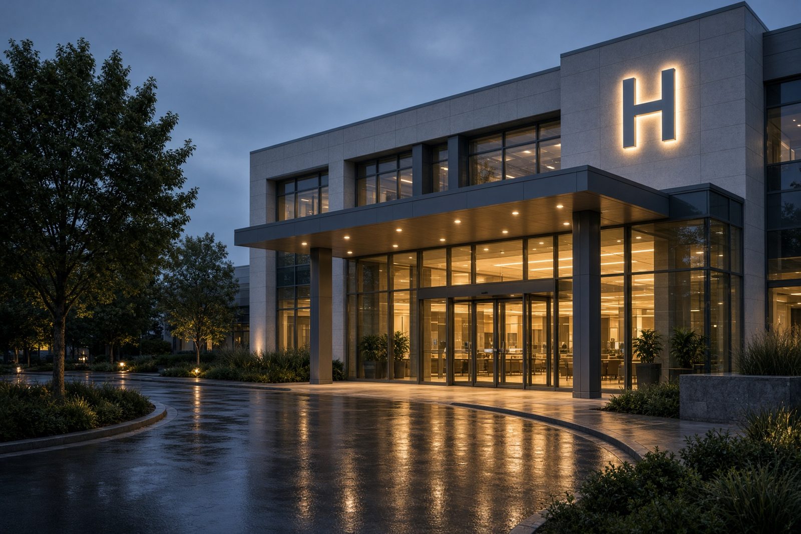Exterior of an illustrative hospital at dusk.