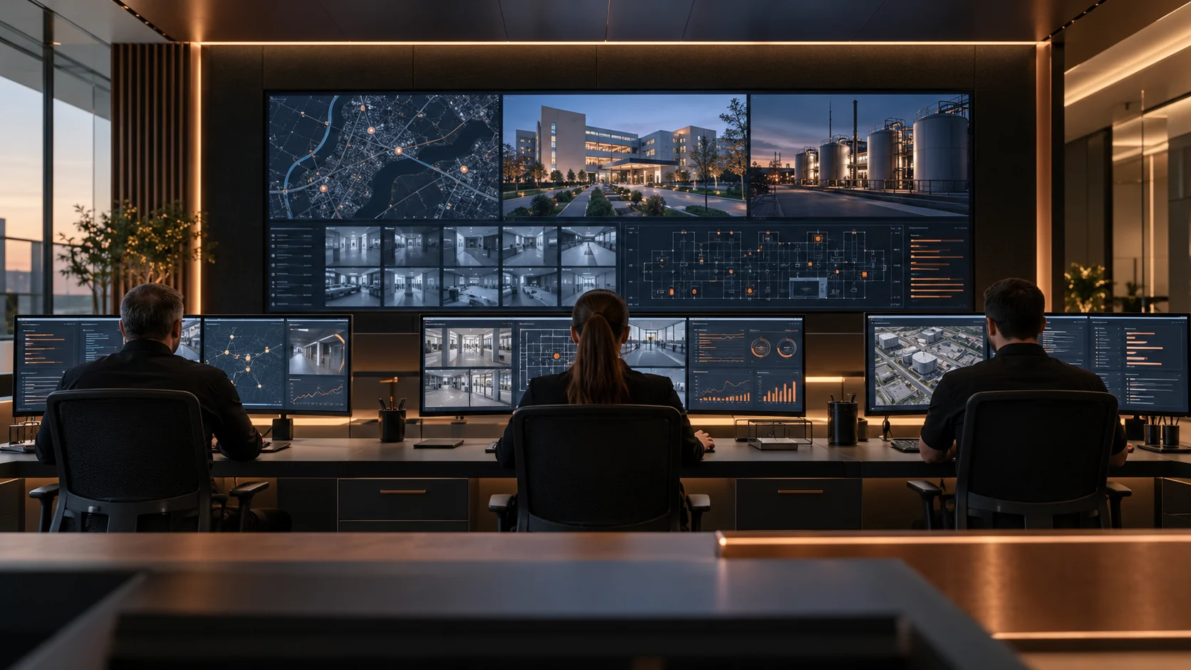 Illustrative security operations room with analysts reviewing healthcare and infrastructure systems.